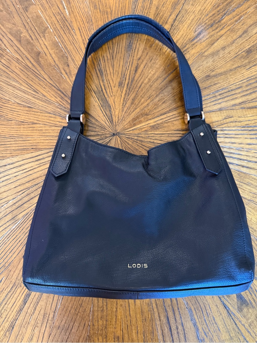 Lodis Kinsley Tote Black Leather Shoulder Hobo with Gold Logo
